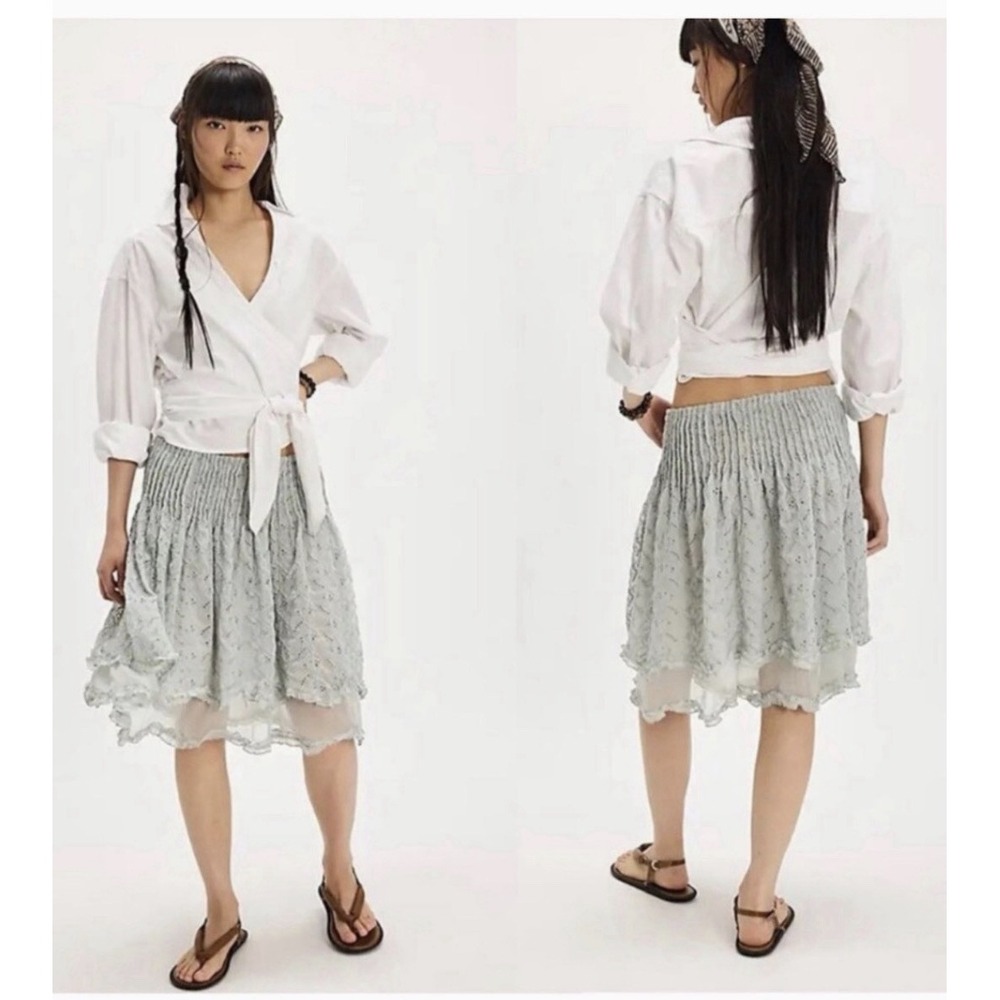 NWT $98 Free People S Sanderson Skirt Sky Gray Blue Eyelet Smocked Layers Ruffle
